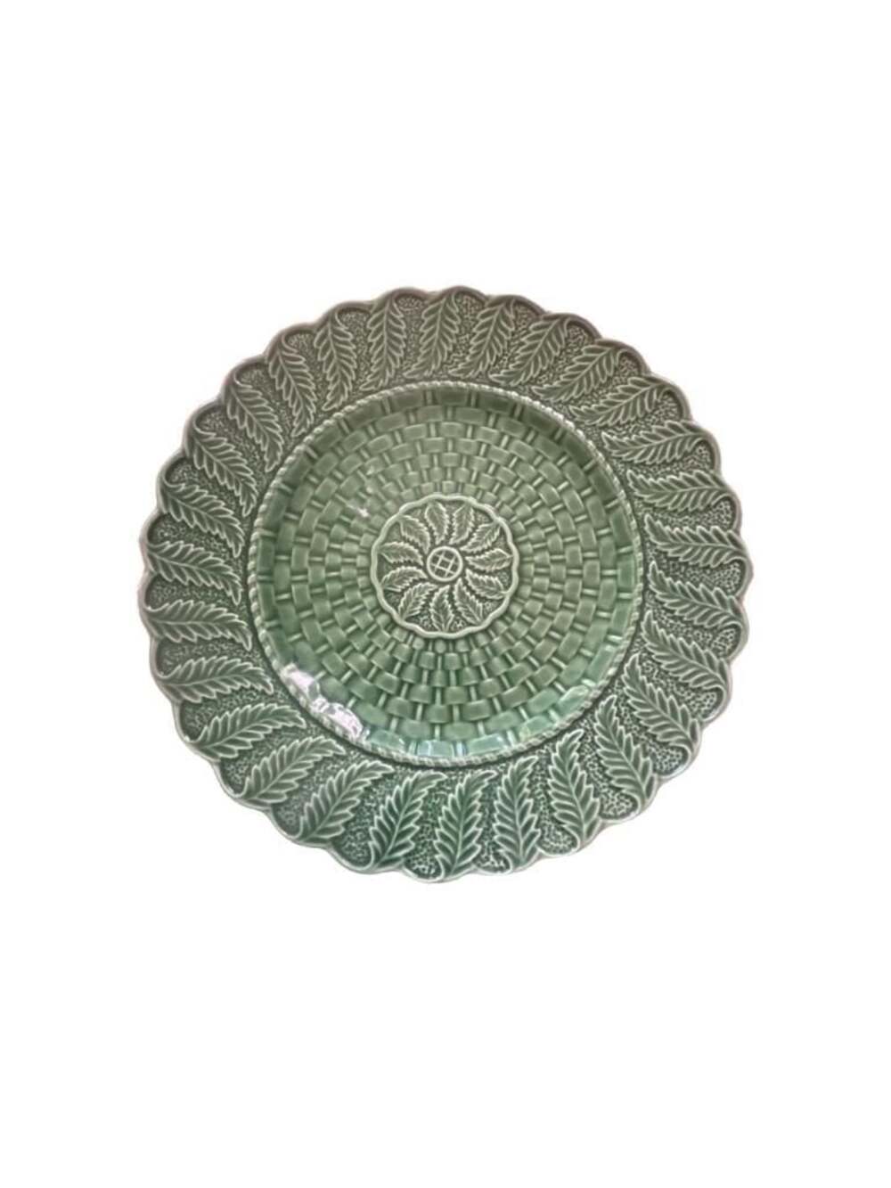 Handcrafted Green Majolica Style Fern and Basketweave Ceramic Dinner Plate
